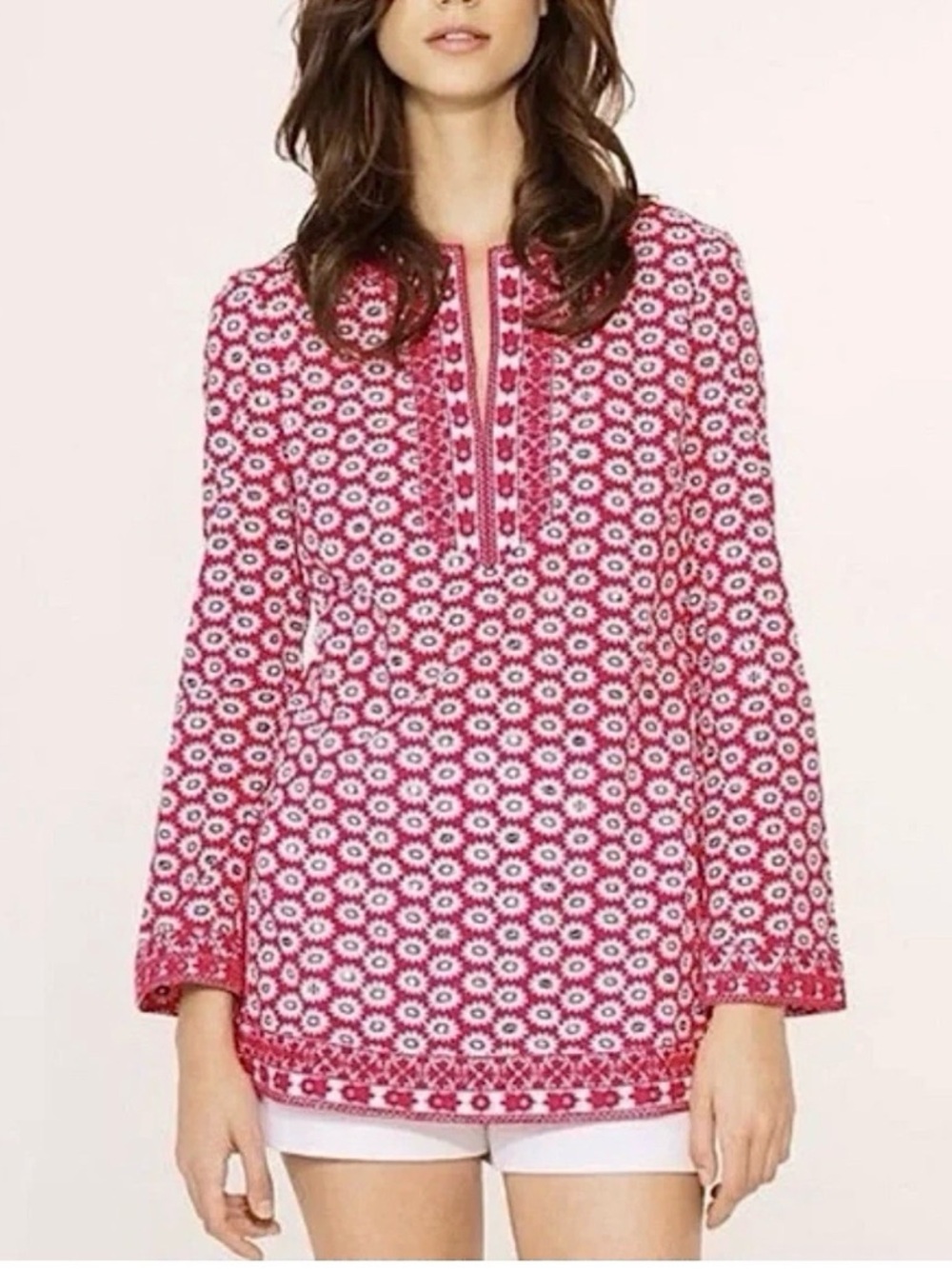 Tory Burch Jayne Tunic Top Nantucket Red Daisy Floral SZ 12 Red White Blue